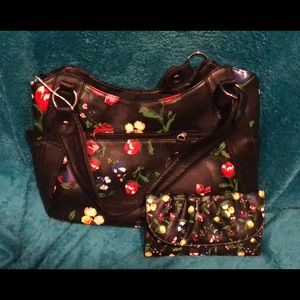 Black flowered purse and matching wallet